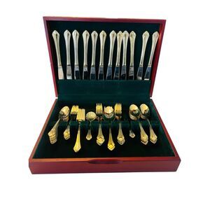 Cambridge Gold Plated Flatware Set 65 Pc Service for 12 Wood Chest Complete